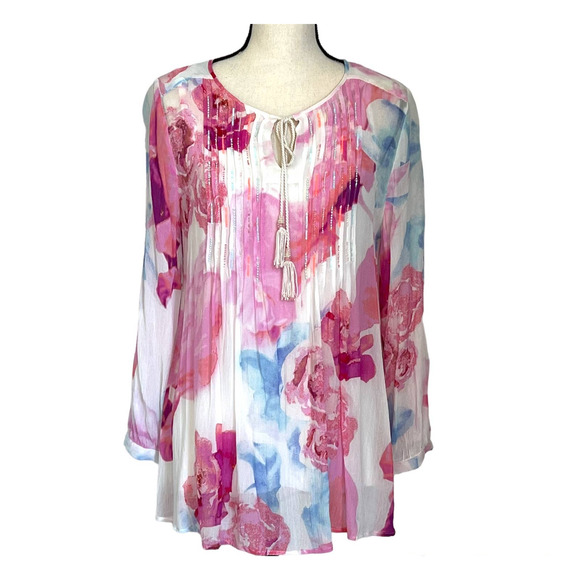 Soft Surroundings Women's Pink/Blue Floral Top Size Medium Tunic Tassel Ties - Picture 2 of 12